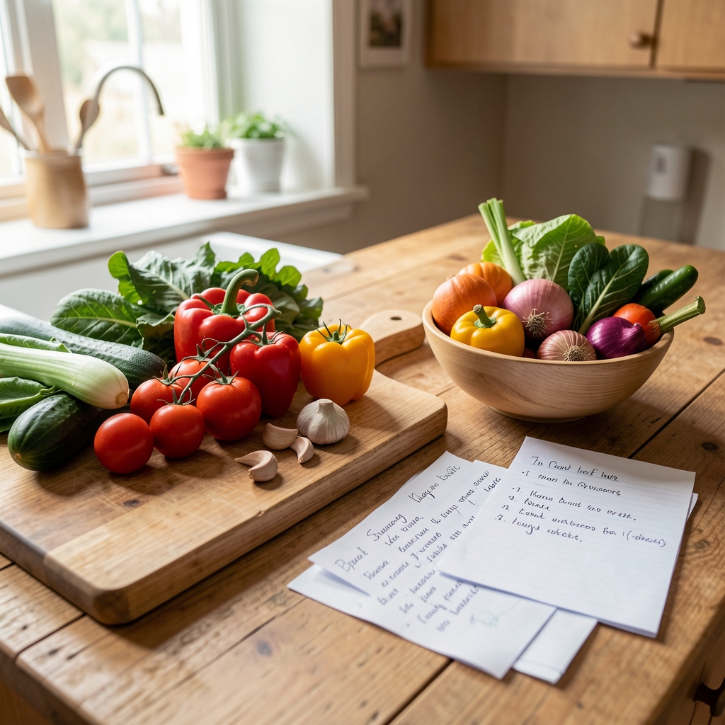 Natural light photograph of a wooden kitchen counter with fresh vegetables, a chopping board and handwritten recipe notes beside a bowl of seasonal ingredients