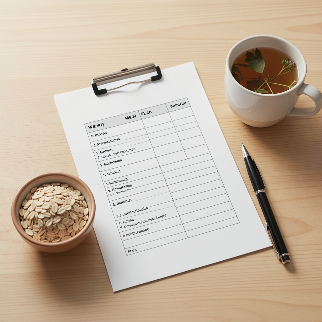 A neatly arranged weekly meal plan printed on paper beside a pen, a small bowl of whole grains and a cup of herbal tea on a light wooden table