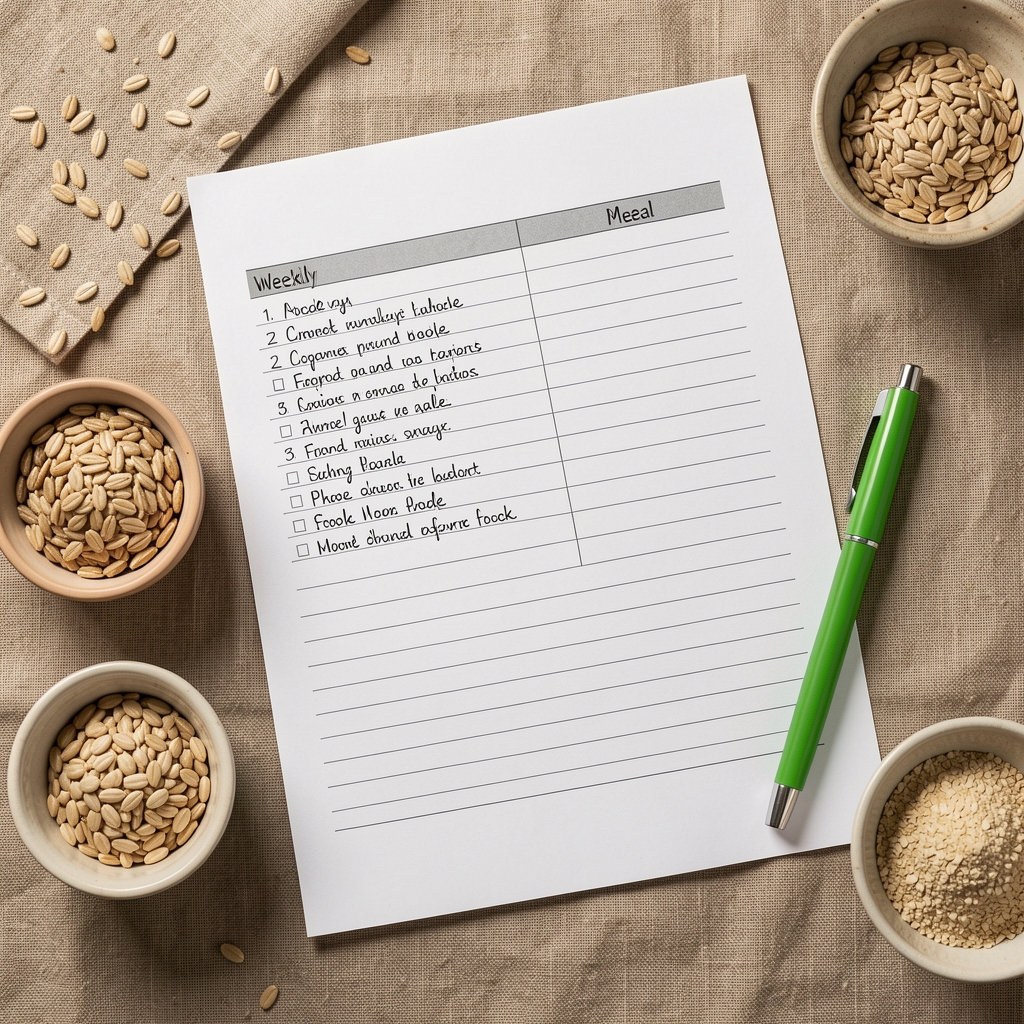 Overhead flat-lay of a weekly meal plan worksheet with handwritten food lists, a green pen, and small bowls of whole grain ingredients arranged on a warm linen surface