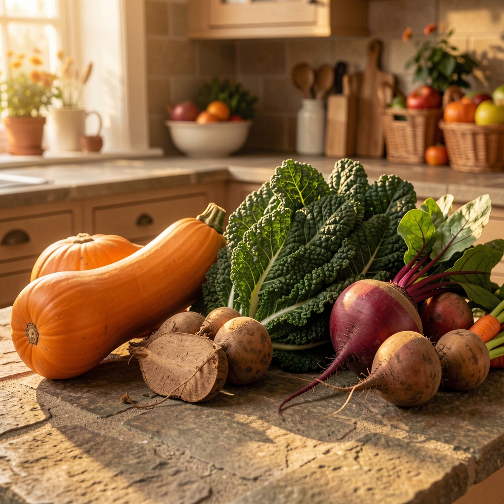 Autumn harvest spread of seasonal UK vegetables including butternut squash, kale, beetroot and root vegetables arranged on a textured stone kitchen surface in warm golden light